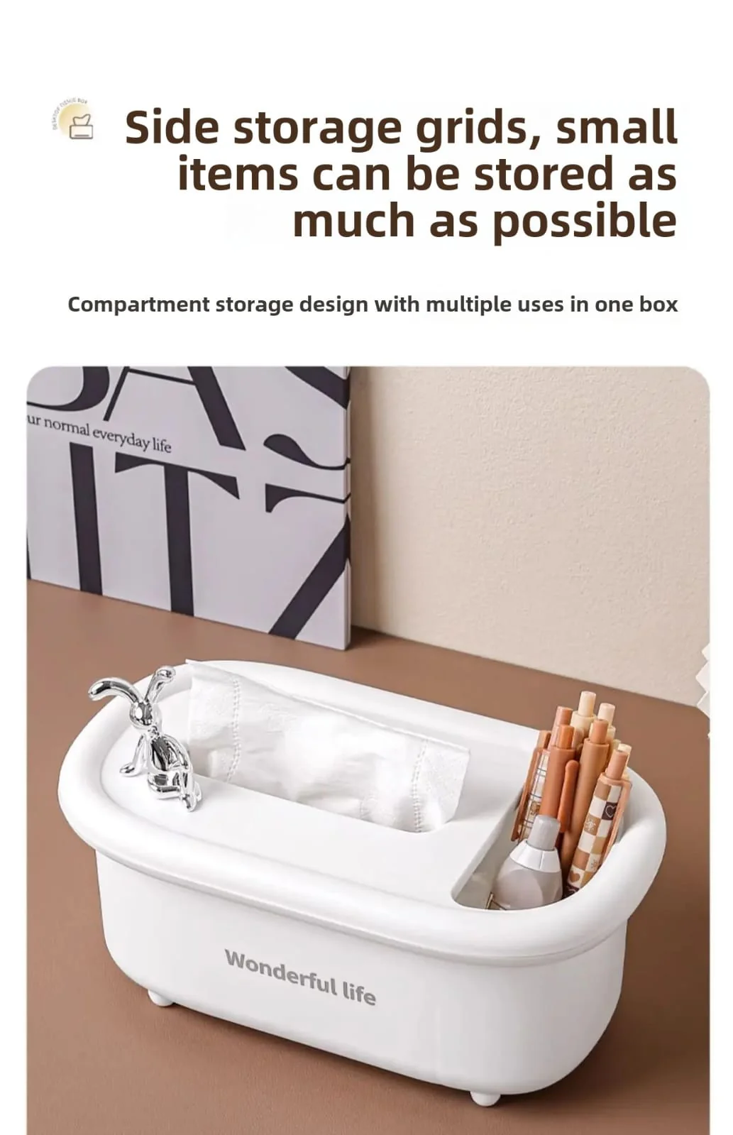 2 in1 Creative Multipurpose Bunny Tissue Box with Cosmetics Holder-SA2408-299(White) - Image 3