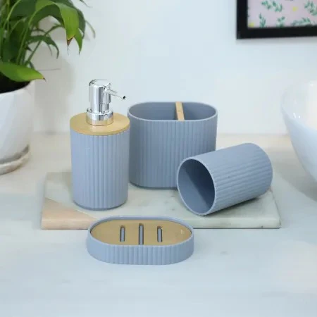 4 PCs Wooden Lid Bath Accessories Set-(2591)Grey Lines - Image 4