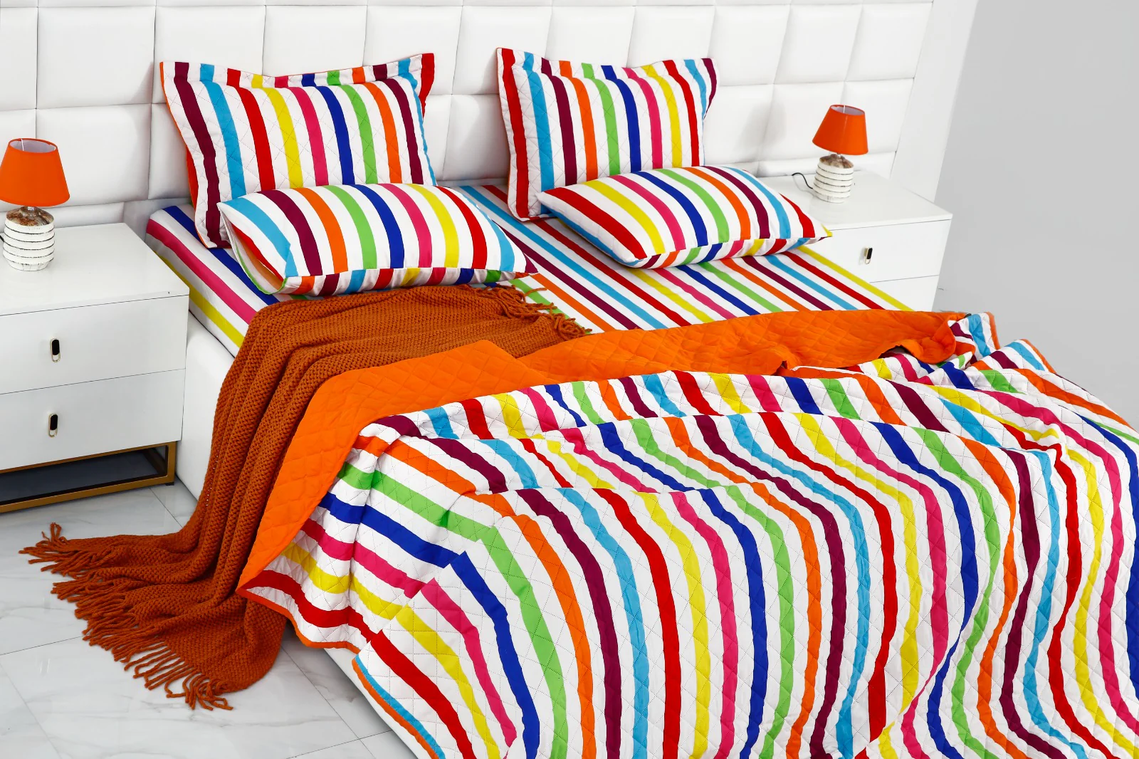 6 PCs Bed Spread Set-Multi Stripe(Orange) - Image 8