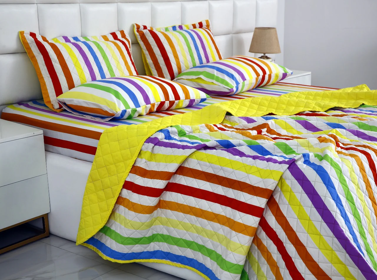 6 PCs Bed Spread Set-Multi Stripe(Yellow) - Image 10