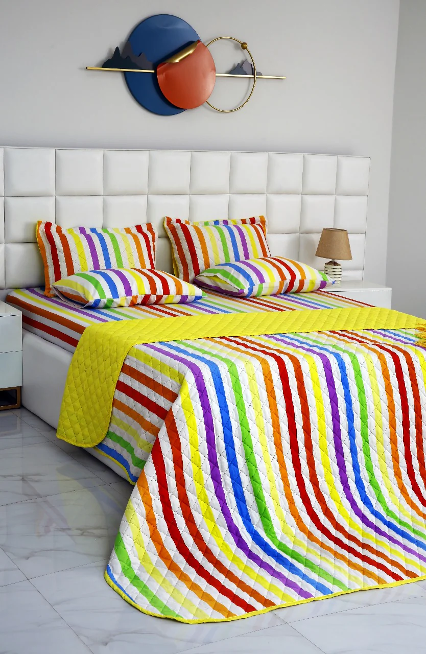 6 PCs Bed Spread Set-Multi Stripe(Yellow) - Image 14