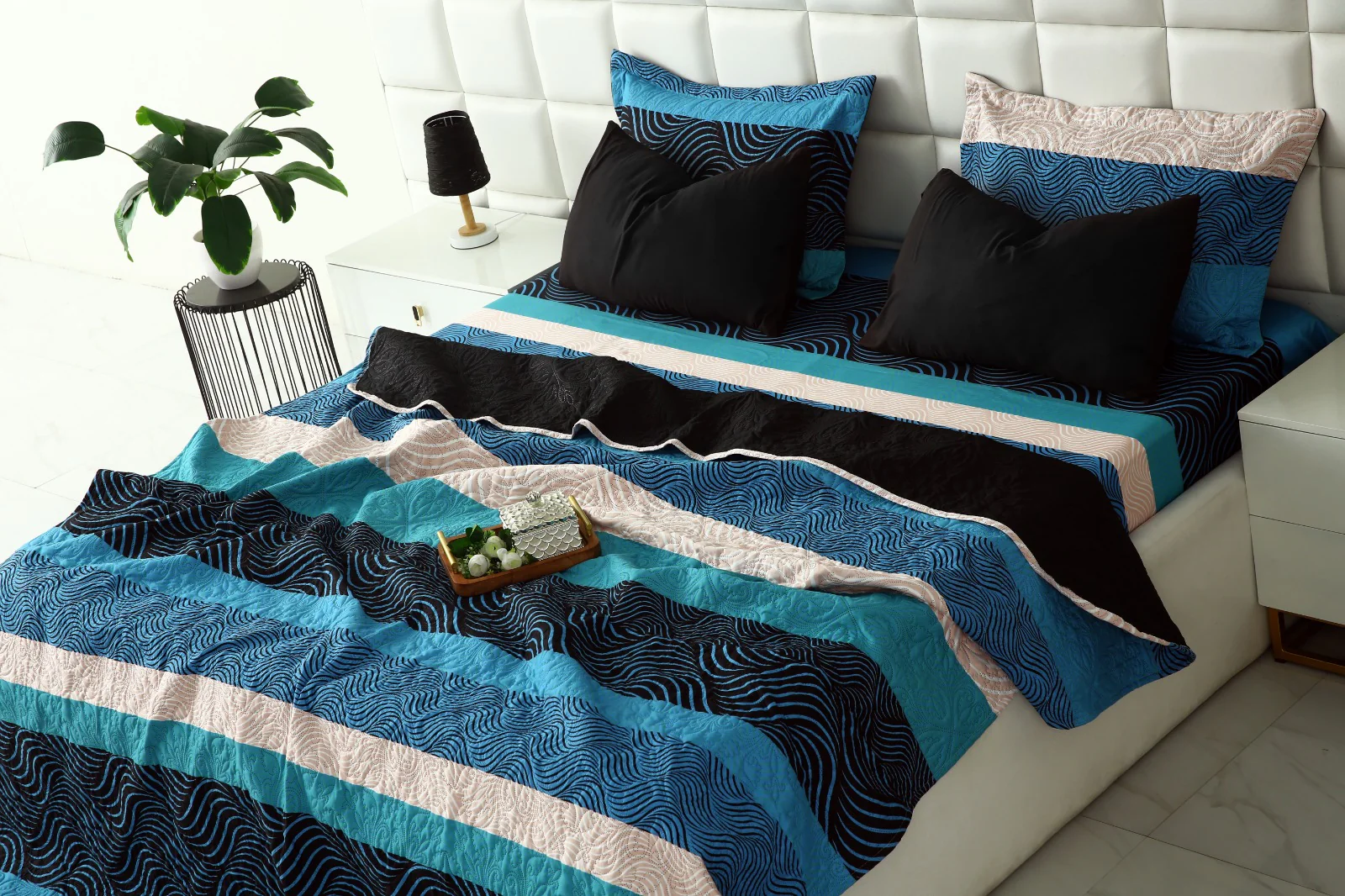 6 PCs Printed Bed Spread Set-Aqua waves - Image 6