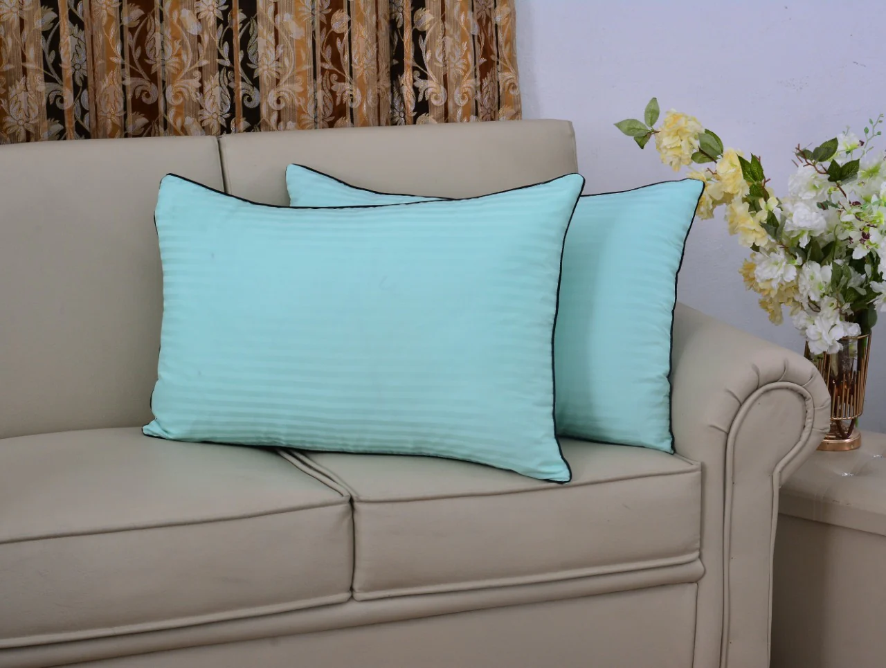 6 PCs Satin Pillows*2  Bed Cushion *2 & Floor Cushion *2 Set-Sea Green - Image 3