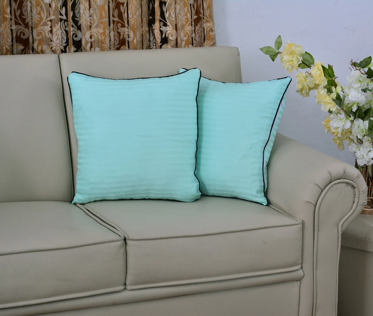 6 PCs Satin Pillows*2  Bed Cushion *2 & Floor Cushion *2 Set-Sea Green - Image 5