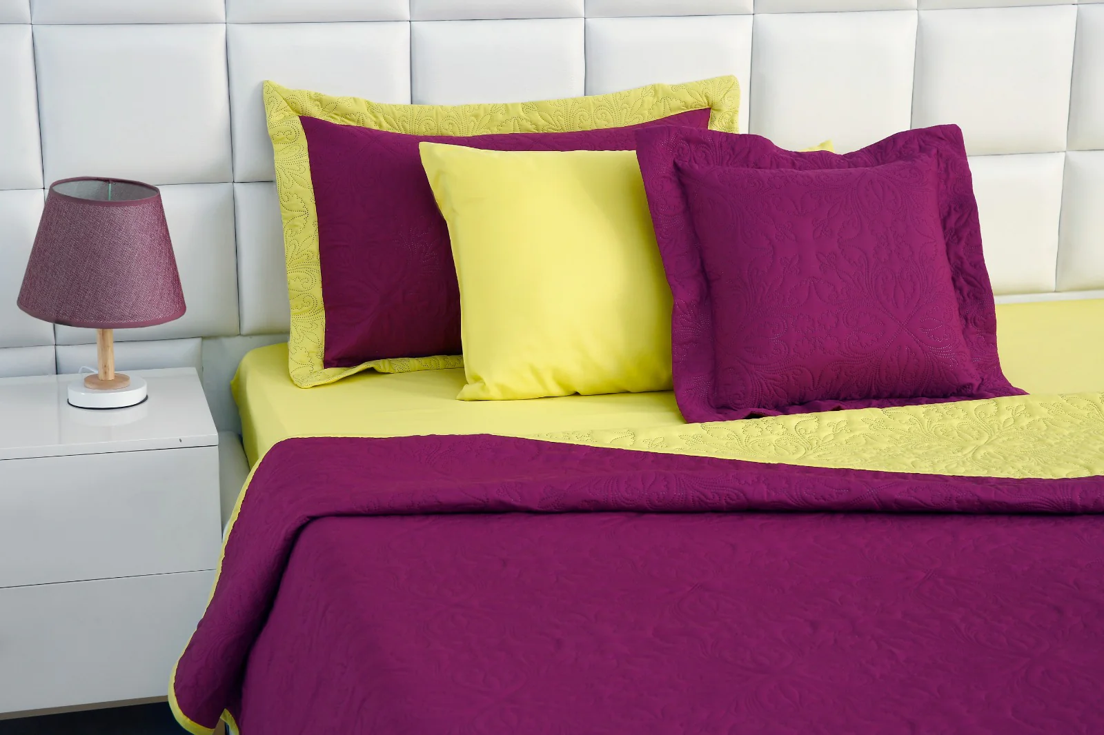 7 PCs Ultrasonic Bed Spread Set-Yellow Over Plum - Image 10