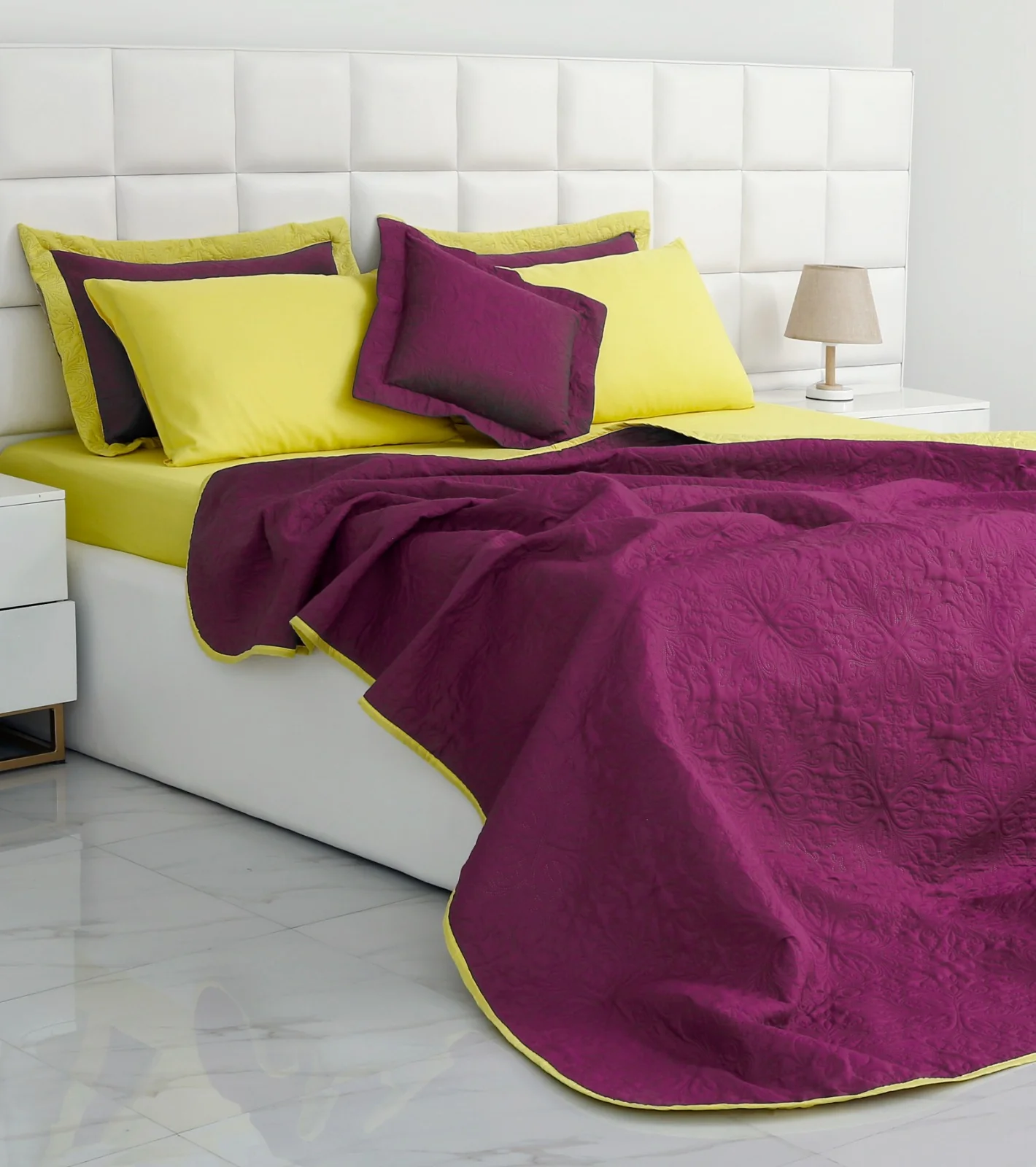7 PCs Ultrasonic Bed Spread Set-Yellow Over Plum - Image 5
