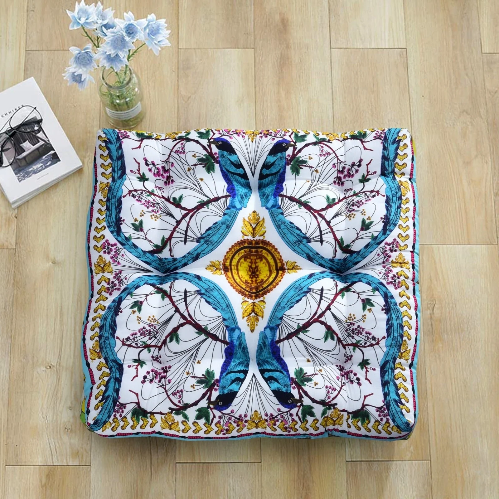 Digital Printed Square Floor Cushions- Blue Sparrow - Image 2
