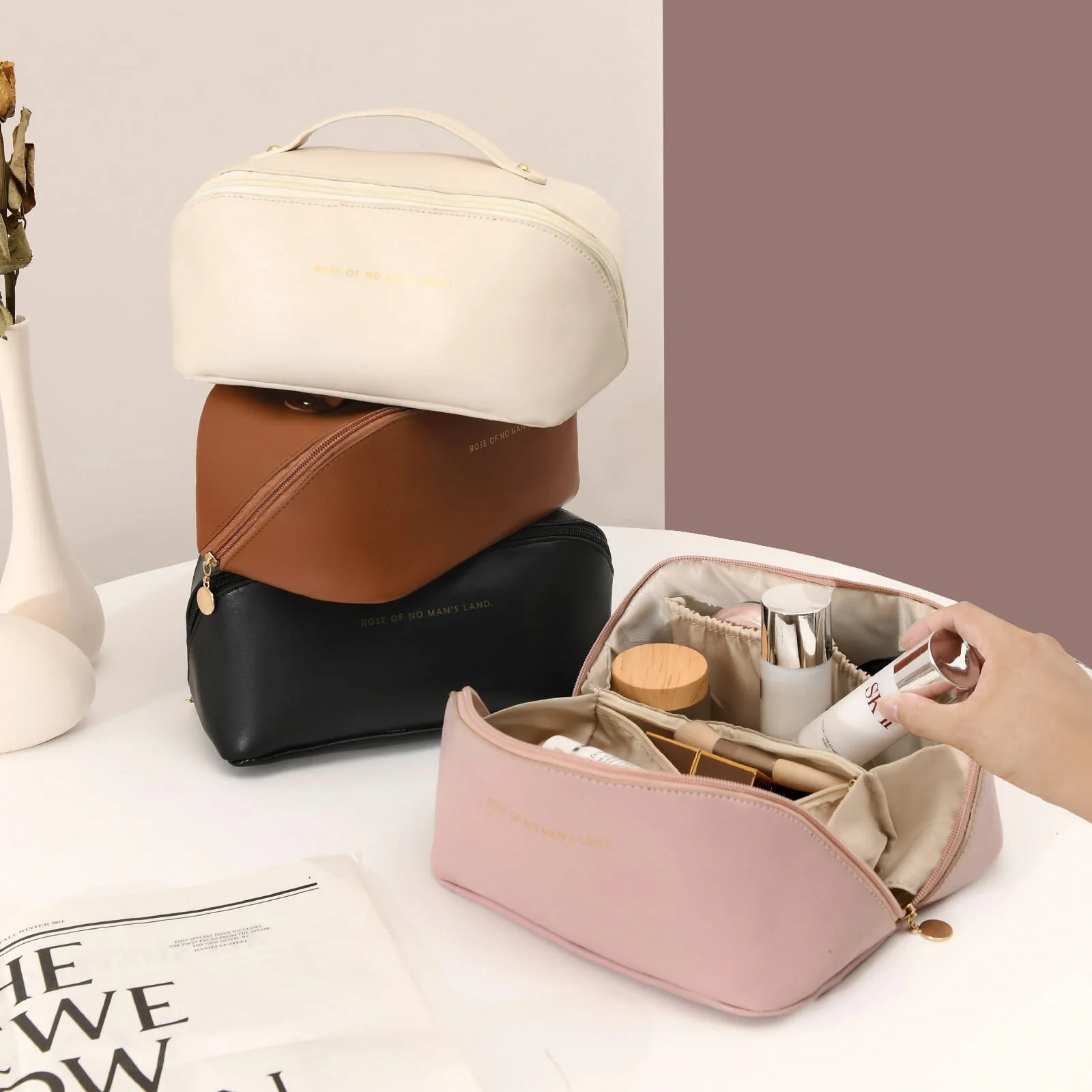 Portable PU Makeup Powder Waterproof Multifunctional Bag-14265Cream(SA2403-21) - Image 2